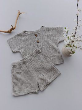 Комплект Рубашка и шорты из муслина серый светлый Minikin 250814_933_281 фото