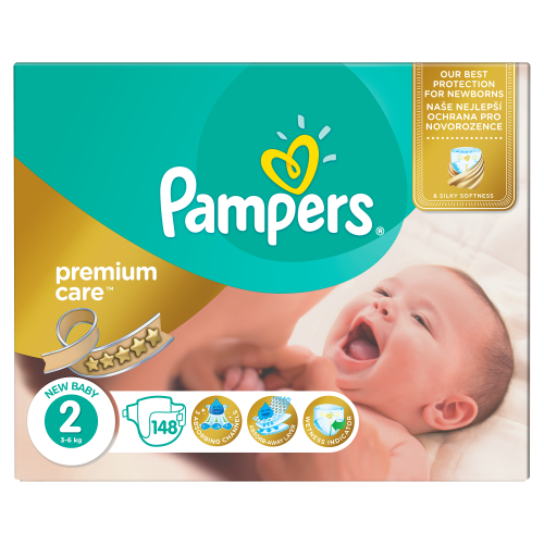 Детские одноразовые подгузники Pampers Premium Care New Baby Размер 2 (Mini)  3-6 кг, 148 подгузников