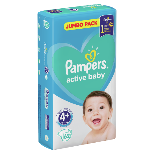 Подгузники детские Pampers Active Baby Размер 4+ 10-15 кг, 62 подгузника